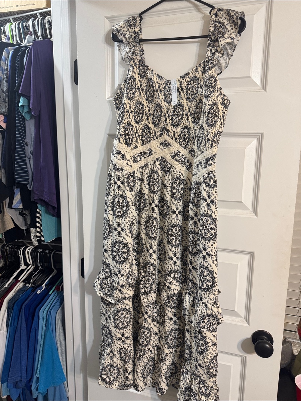 Maurices White and Black Printed Ruffled Strap Maxi Dress